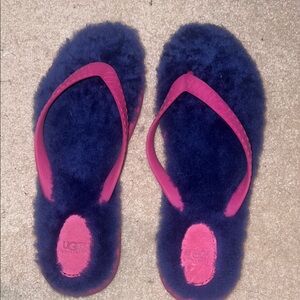 UGG Dark Blue and Pink Fluffy Sandals